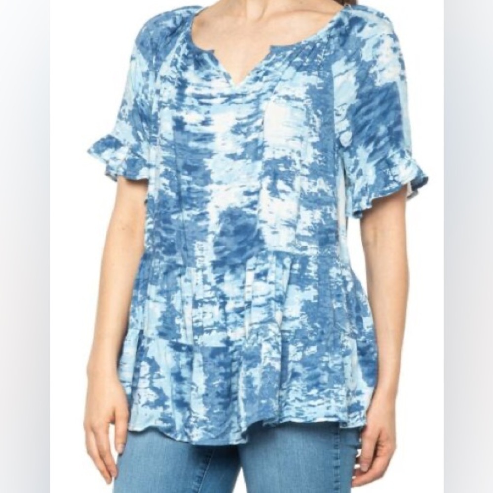 BeachLunchLounge Top Blouse NWT V-neck Ruffles Water Color Blue Small
